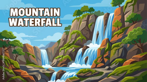 mountain waterfall cascades through a rocky valley, emphasizing elevation, raw nature, erosion patterns, and dramatic movement within a pristine wilderness landscape