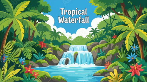 tropical waterfall flows through dense jungle vegetation, highlighting lush greenery, humidity, vibrant ecosystems, and exotic natural beauty in a secluded rainforest environment