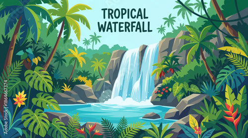 tropical waterfall flows through dense jungle vegetation, highlighting lush greenery, humidity, vibrant ecosystems, and exotic natural beauty in a secluded rainforest environment