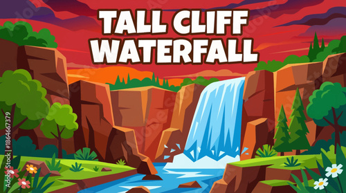 tall waterfall plunges from a steep cliff into a deep canyon, showcasing scale, gravity, vertical motion, and dramatic contrast within rugged natural terrain
