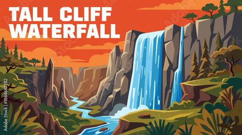 tall waterfall plunges from a steep cliff into a deep canyon, showcasing scale, gravity, vertical motion, and dramatic contrast within rugged natural terrain