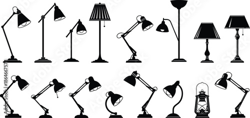 Desk and floor lamp silhouette set featuring modern, vintage, and adjustable lighting designs, decorative home and office illumination collection in black and white isolated on white background