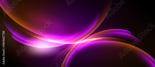 Abstract flowing shapes, vibrant purple hues blend with orange tones. Dynamic light creates luminous curves against dark background.