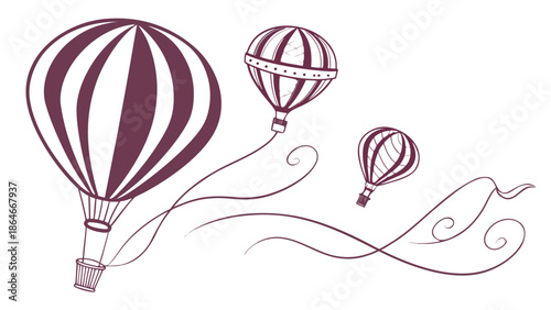 Elegant Line Art Illustration of Hot Air Balloons Soaring Amidst Graceful Wind Swirls
