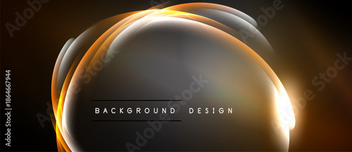 Abstract glowing lines form curved shapes. Dark background contrasts bright orange, white elements. Text reads background design.