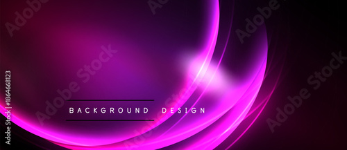Vibrant purple abstract background. Smooth curves create dynamic light effect. Text reads background design. Dark borders frame composition.