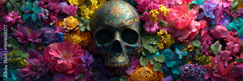 A colorful skull surrounded by vibrant flowers and foliage in a striking contrast of life and death symbolism