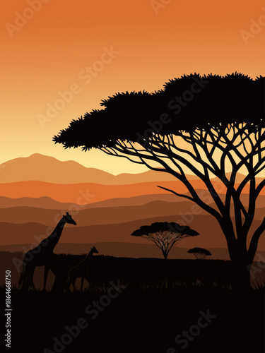 African Savannah Sunset Landscape with Silhouetted Giraffes and Acacia Trees - Vector Illustration