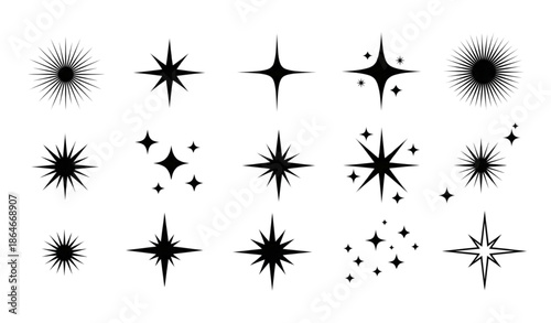 Black star sparkle and twinkle icon vector set with shiny flash symbols isolated on white background