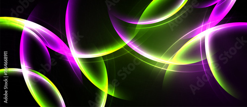 Abstract design features vibrant curves, glowing lines. Purple, green hues dominate dark background. Modern, dynamic composition.