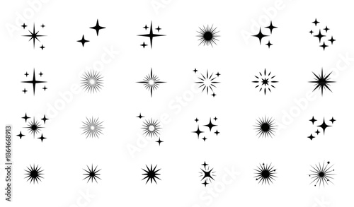 Minimal black sparkle and star light vector icons with glow and flash effects isolated on white background