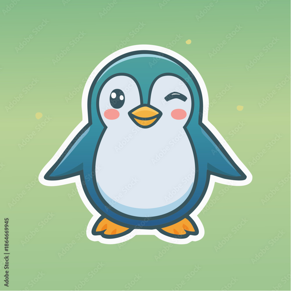 Obraz premium Cute cartoon penguin winking with rosy cheeks on a green gradient background.