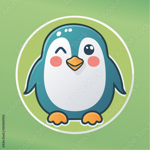 Cute cartoon penguin winking with rosy cheeks and a green background circle.