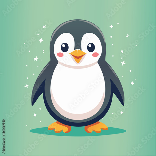 Cartoon penguin with big eyes and a yellow beak standing on a green background.