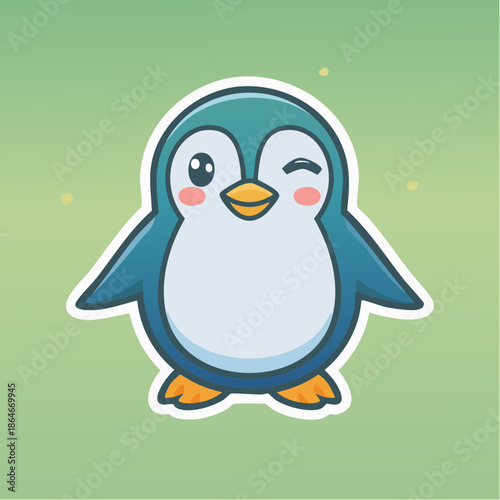 Cute cartoon penguin winking with rosy cheeks on a green gradient background.