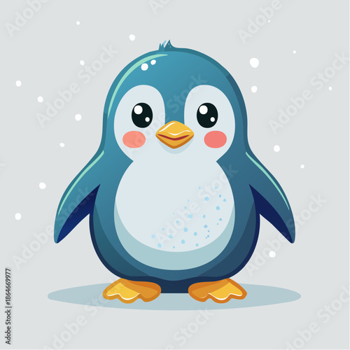 Cute cartoon penguin with rosy cheeks and big eyes standing on a light blue surface.