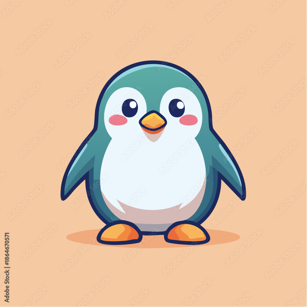 Obraz premium Cute cartoon penguin with blue and white feathers standing on a peach background.