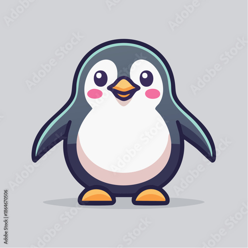 Cartoon penguin with a white belly and pink cheeks standing on a gray background.