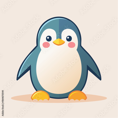 Illustration of a cute cartoon penguin with rosy cheeks and orange feet.