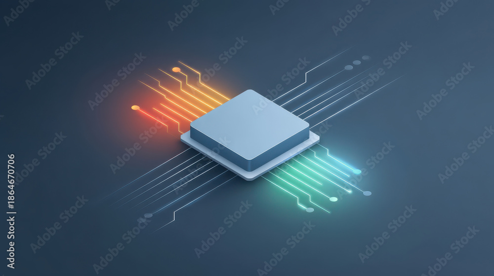 Fototapeta premium Futuristic computer chip surrounded by colorful circuit lines, symbolizing advanced technology and innovation.