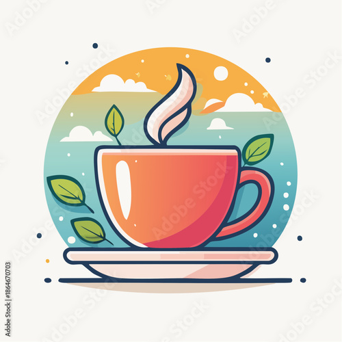 Illustration of a steaming cup of tea with leaves and a colorful background.