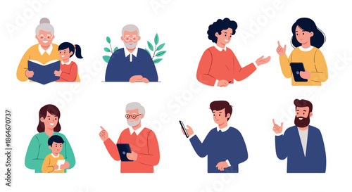 People of different ages with tablets and books