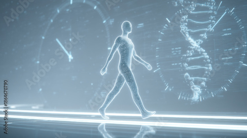 Futuristic digital representation of a walking figure with DNA and clocks in a high-tech environment.