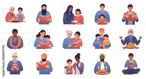 People reading books and performing rituals