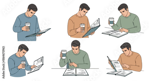 Man studying with coffee and devices