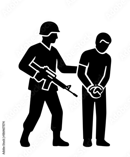 Black silhouette vector showing armed military soldier or police officer arresting handcuffed criminal suspect. Clean minimalist design perfect for security, law enforcement concepts.