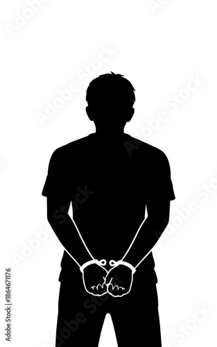 Black silhouette of person with hands cuffed behind back. Clean vector design for legal, crime, law enforcement, justice and security concepts. Professional illustration.
