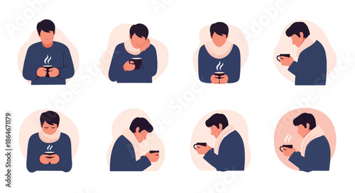 Man holding cup, cozy moments, various poses