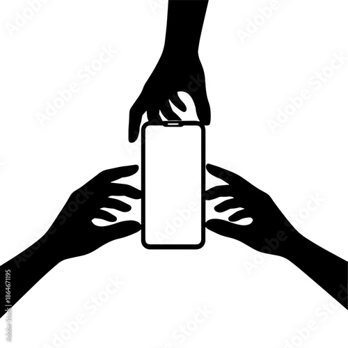 Black silhouette illustration showing multiple hands reaching toward a smartphone, representing phone addiction, digital dependency, and social media obsession concept.
