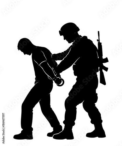 Black silhouette vector showing military soldier capturing surrendering person during arrest operation. Clean minimalist design perfect for security, law enforcement concepts.