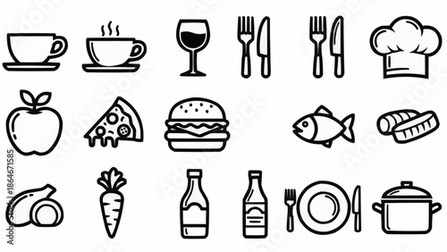 Collection of Food and Drink Icons Representing Various Culinary Items.