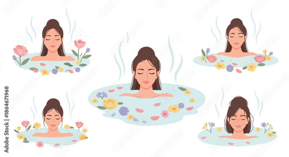 Fototapeta premium Woman relaxing in floral bath with steam
