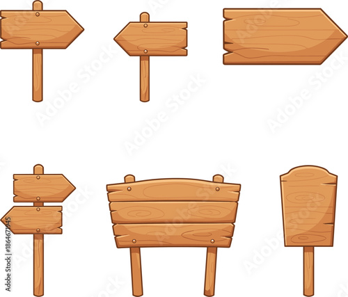 Wooden signboard vector set with rustic direction arrows and blank boards for outdoor signage isolated on white