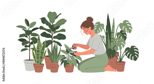 Woman tending houseplants in a cozy home setting