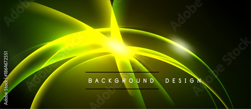 Bright green energy flows radiate from central point. Dark background enhances luminous curves, creating dynamic visual effect.