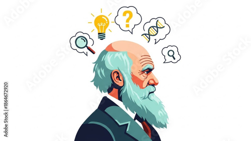 Thoughtful Bearded Man with Ideas and Questions in Thought Bubbles