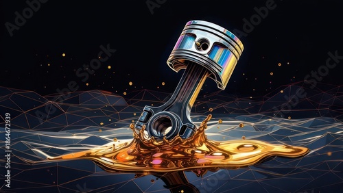Piston submerged in a splash of golden liquid,  on a dark, abstract background