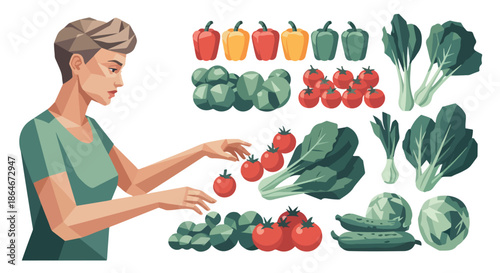 Woman selecting fresh vegetables with transparent background