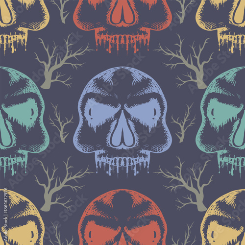 Seamless pattern with skulls and dead trees. Vector illustration.