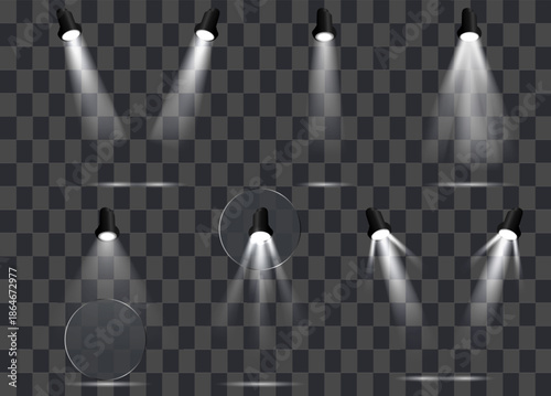 realistic vector spotlight set with transparent light beams and stage lamps collection
