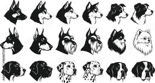 Black and white dog head silhouette vector set with different breeds realistic animal profile illustrations isolated