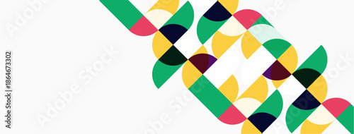 Abstract geometric pattern. Colorful overlapping semicircles create dynamic visual texture. White space dominates composition. Modern design element.