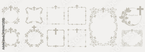 Easter celebration badge set with cross. Cross icons set. Obituary notice - art deco frames with cross. Collection of Christian Symbol design elements isolated on  background. Monochrome vector 