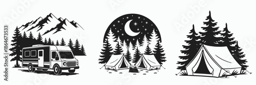 Camping adventure icons with RV, tent, and scenic landscapes