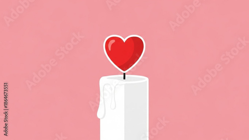 White Candle with Red Heart Flame on Pink Background