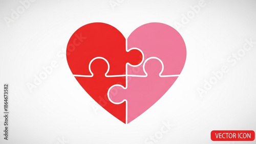 Interlocking Heart Puzzle Pieces Symbolizing Love and Unity, Vector Icon